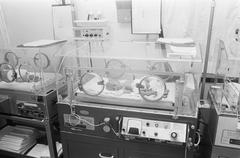 Incubator in neonatal care room with four infants in incubators at Academic Hospital Leiden, 1974