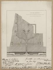 Antique etching plan of aqueducts beneath the cellars of Hôtel des Monnaies Paris with detailed sections and elevations