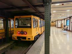 Budapest M1 metro Vörösmarty utca station interior with train and passengers