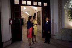 First Lady Michelle Obama attending a dinner with Mexican President Felipe Calderon and First Lady Margarita Zavala at Los Pinos, Mexico City