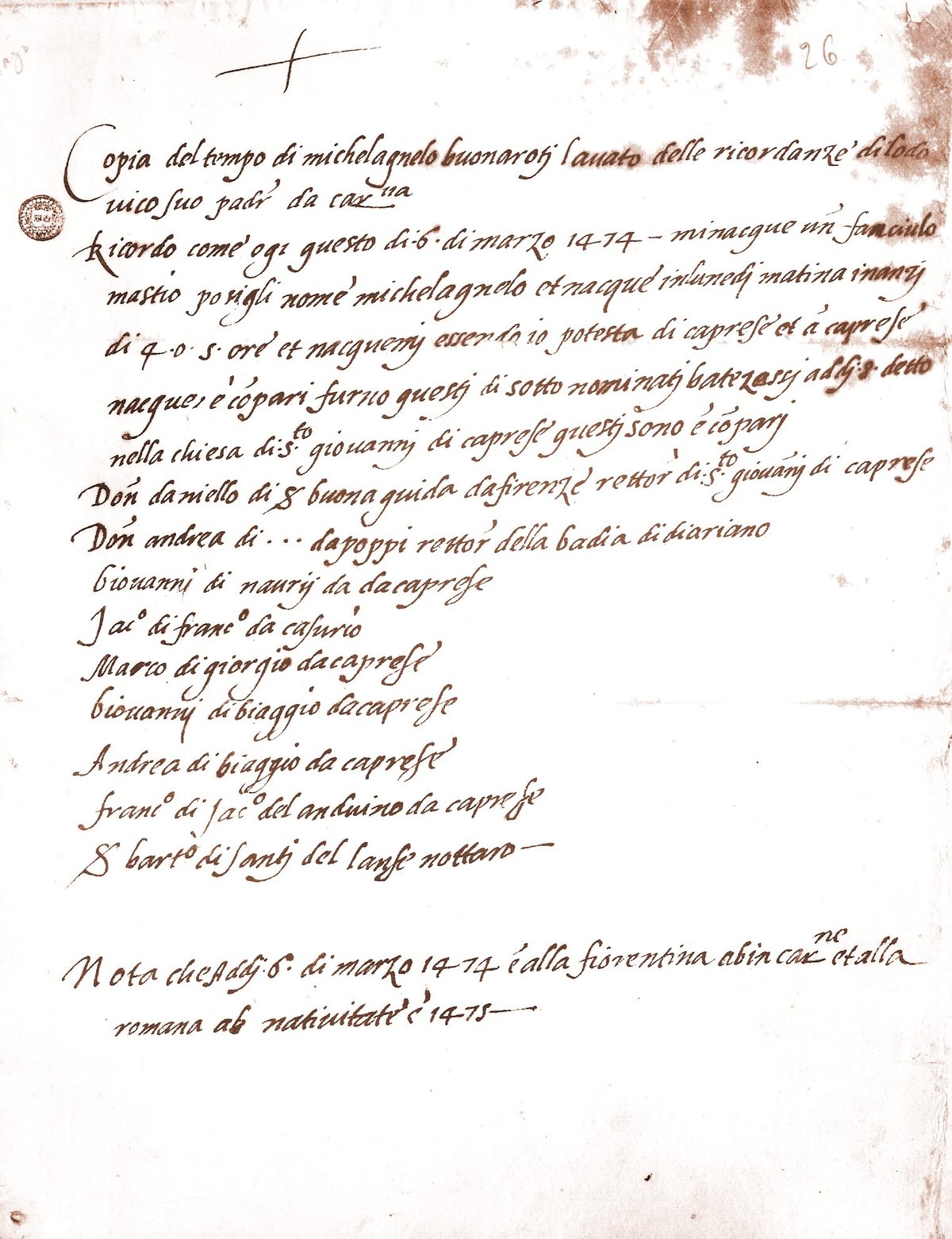 Birth and baptism record of Michelangelo Buonarroti from Caprese, historical document copy
