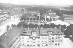 View of Stuttgart city center with historic buildings including Prinzenbau, Alte Kanzlei, Königsbau, Schlossplatz, Dannecker-Haus and Hoftheater