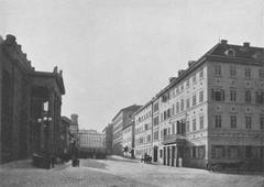 View of Königstraße from Bolzstraße, 1868 lithograph showing historic buildings including Königsbau and Hotel Marquardt