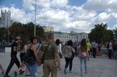 Moscow street scene on August 9th 2016 with pedestrians and vehicles
