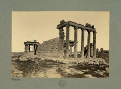 Erechtheion temple viewed from the southeast with emphasis on the east side and dark base on north column site