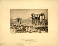 Erechtheion temple from southeast showing entire length and eastern side with dark base at north column site