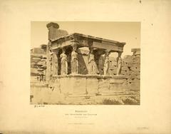 Southwest view of the Erechtheion caryatids, showcasing the symmetrical arrangement and decorative peplos folds after 1846-1847 restorations