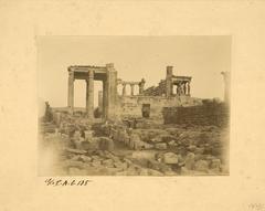 West view of the Erechtheion temple on the Acropolis showing structural support columns added in late 19th century
