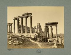 Erechtheion temple viewed from northeast showing elevation difference between east and west sides and dark-colored base on east portico stylobate