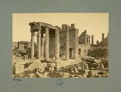 Erechtheion ancient Greek temple view from northwest before 1885 archaeological excavations with small Turkish house on left