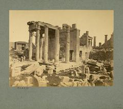 Erechtheion temple viewed from the northwest showing ruins before excavations with a small Turkish house on the left
