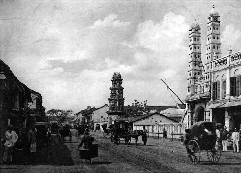 Historic view of South Bridge Road, Singapore with Sri Mariamman Temple and Masjid Jamae before 1900