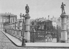 Historical black and white illustration from 1892 showing a group of people in a garden setting
