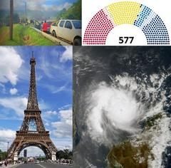 Collage of significant 2024 events in France including New Caledonia riots, early election results, Olympic rings on Eiffel Tower, and Cyclone Chido impacting Mayotte