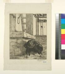 Etching of a crow with architectural elements in the background by Felix Bracquemond