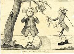 John Bull standing on tiptoe on a stone under a tree with a noose around his neck, holding the rope to avoid strangulation, facing a thin Frenchman offering a leek across a stream
