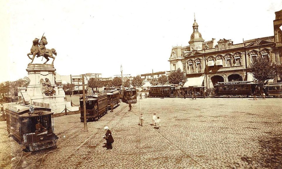 Plaza Italia in Buenos Aires with Giuseppe Garibaldi statue and tramway terminus on Santa Fe avenue