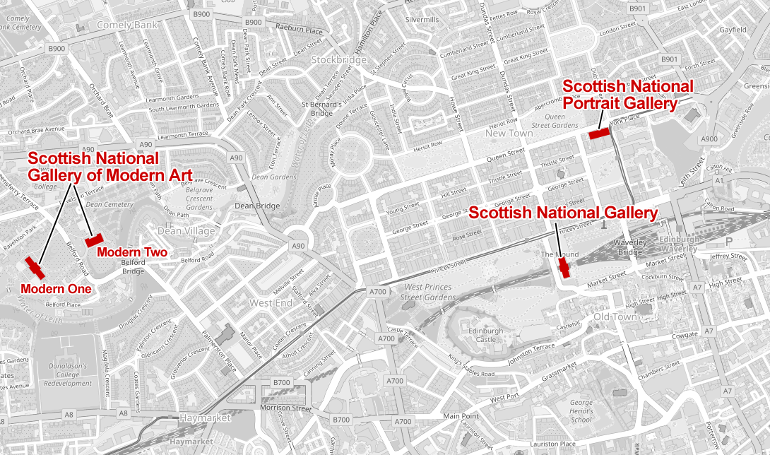 Map of central Edinburgh showing locations of Scottish National Galleries