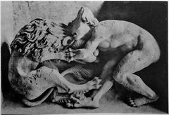 Stone sculpture of Samson and the lion on Troyes Cathedral