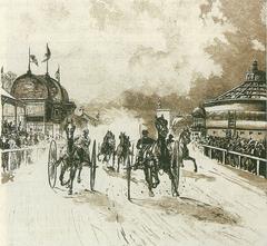 Historic drawing of Trabrennplatz Krieau horse racing track in Vienna from 1888 with the Rotunda visible in the background