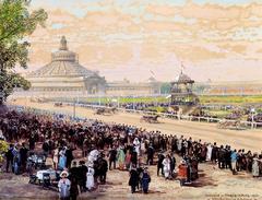 Watercolor painting of Trabrennbahn Krieau horse racing track and Rotunde in Vienna by Friedrich Frank