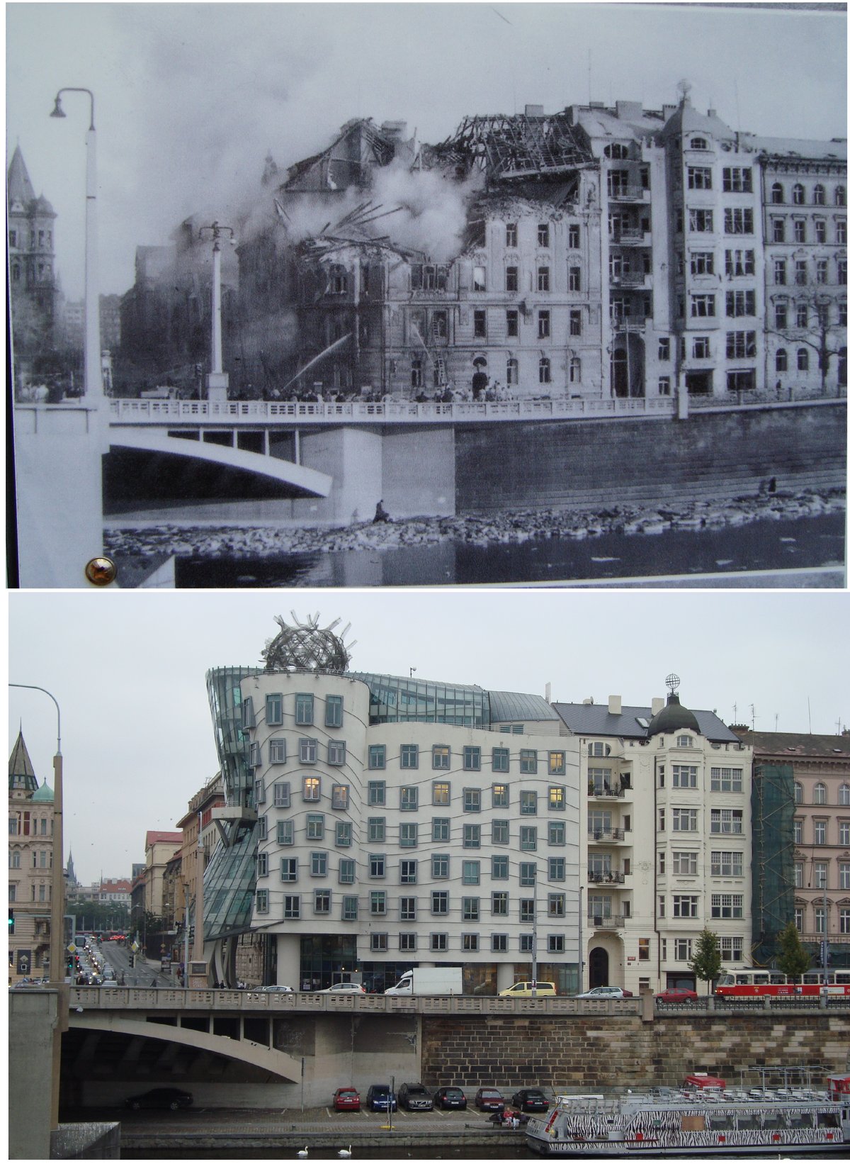 Comparison of Dancing House site in Prague in 1945 and 2010 with public plaque