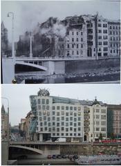 Comparison of Dancing House site in Prague in 1945 and 2010 with public plaque
