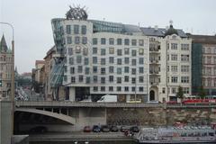Comparison of Dancing House site in Prague in 1945 and 2010 showing urban development and architectural changes
