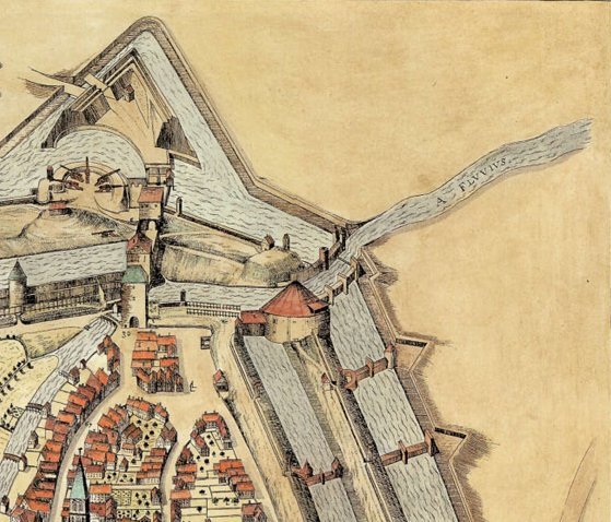 Bird's-eye view illustration of the Zwinger area in Münster, Westphalia, Germany from 1636