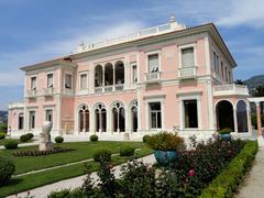 Villa Ephrussi de Rothschild in Saint-Jean-Cap-Ferrat, France with blue sky and gardens