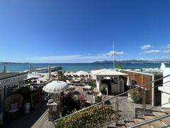 Terraces of restaurants on the beach of Cannes in April 2023