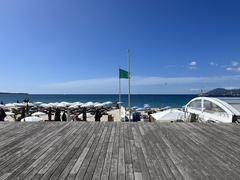 Terrace restaurants on the beach in Cannes in April 2023
