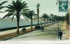 View of Cannes La Croisette beach and promenade with palm trees and buildings under a blue sky