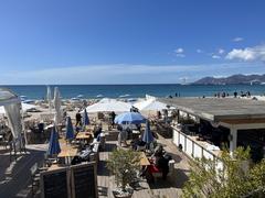 Restaurant terraces on Cannes beach in April 2023