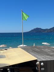 Green flag indicating authorized swimming at Cannes beach in April 2023
