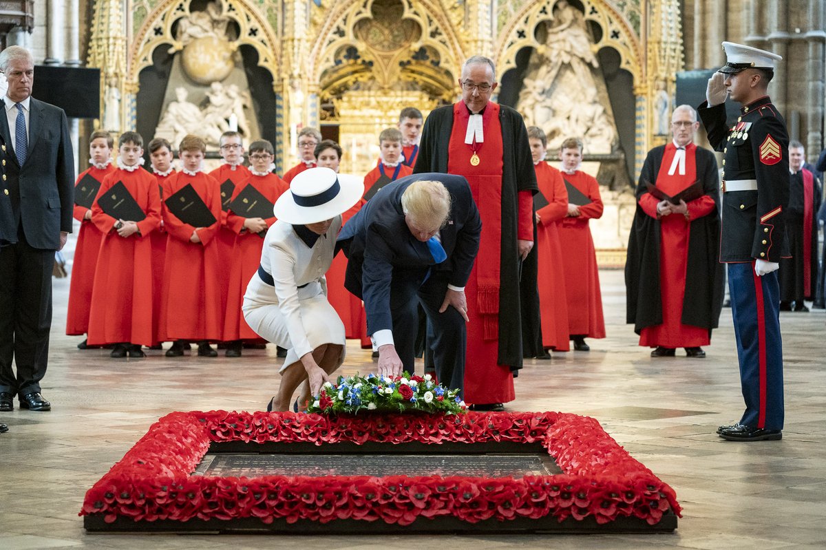 President Donald J. Trump and First Lady Melania Trump laying a wreath at the Tomb of the Unknown Warrior at Westminster Abbey in London