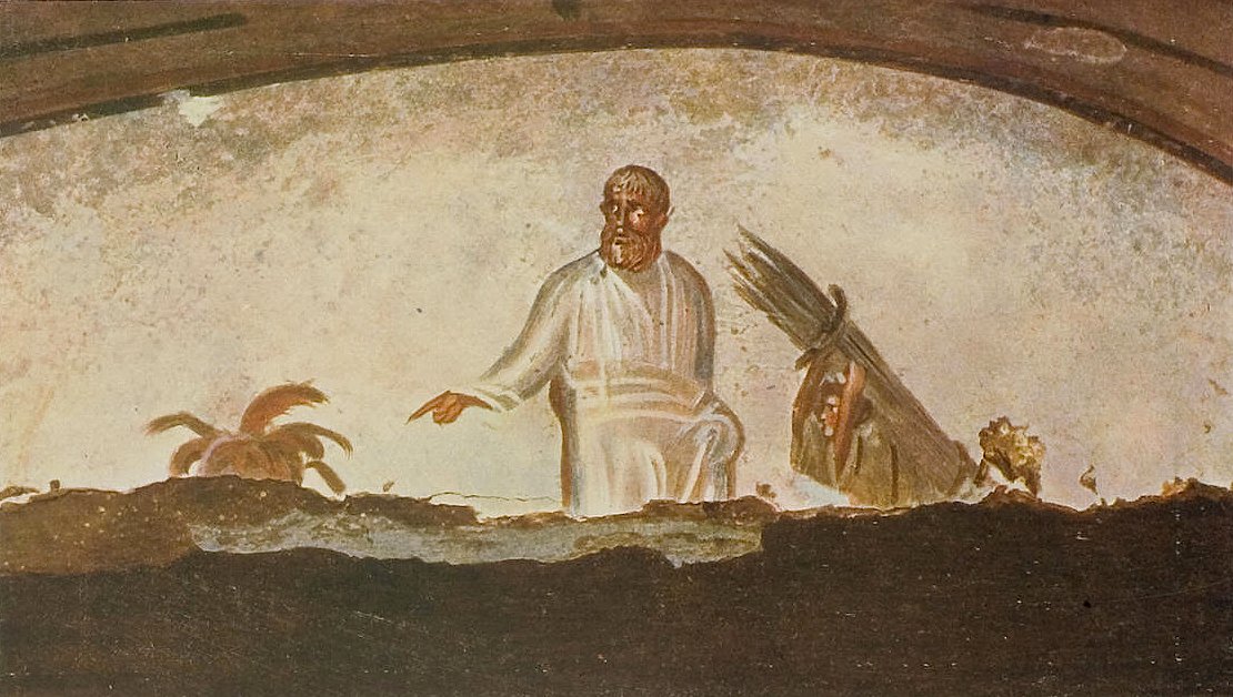 Abraham selecting the spot for Isaac's sacrifice in Pricilla Catacombs artwork