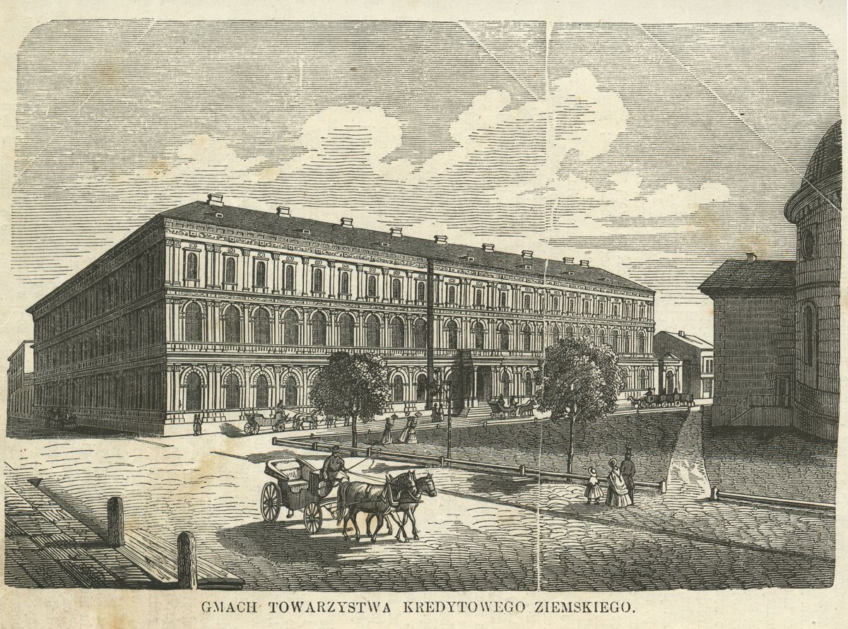 Historic building of Gmach Towarzystwa Kredytowego Ziemskiego with classical architectural features