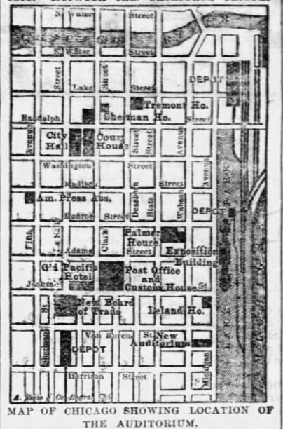 1888 map of Chicago Loop highlighting location of the Auditorium venue for Republican National Convention