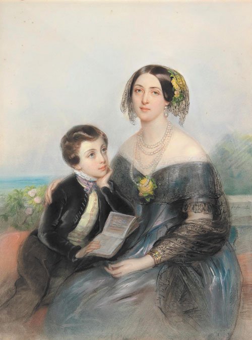 Portrait of Aurore Demidoff-Karamzine with her son seated on a balcony 1840s