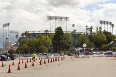 Dodger Stadium view from west parking lot with evening sky