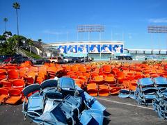 Dodger Stadium renovation in progress with construction equipment and seating areas visible