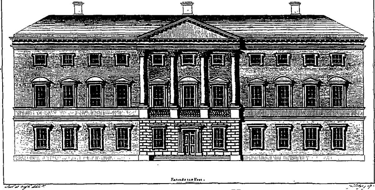 Engraved view of historic public buildings in Dublin from 19th century book