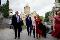 U.S Secretary of State John Kerry walking with young Georgian entrepreneurs in Tbilisi historic district