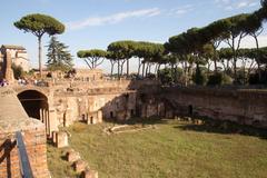 Northern end of the Palatine Stadium showing ancient Roman ruins with tiered stone seating