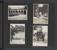 Four-photo album page showing Jenny Visser-Hooft and Harinxma on an elephant at Gwalior fort, Sasbhu temple, Tchi Mandir, and an elephant lifting a servant in Gwalior, India, 1925