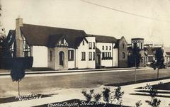 Entrance of Chaplin Studios in 1922 with signage and people, vintage postcard