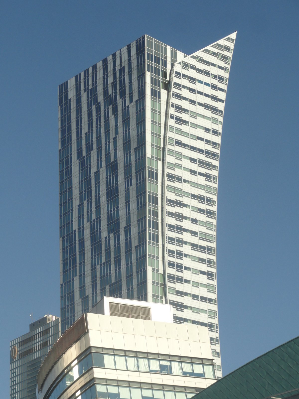 Upper floors of Złota 44 apartment building seen from the Varso construction viewing platform in Warsaw 2018