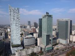 Panorama of Warsaw from the observation deck on the XXX floor of the Palace of Culture and Science, showing Złota 44, Intercontinental hotel, and Warsaw Financial Center