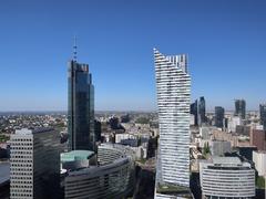 View of the under-construction Varso Tower and Złota 44 apartment building from the Palace of Culture and Science in Warsaw